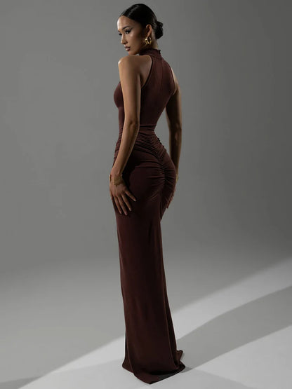 Mozision Halter Ruched Sleeveless Sexy Maxi Dress Women Gown Fashion Slim High Waist Evening Club Party Split Long Dress