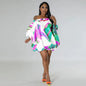 CM.YAYA Vintage Women Fashion Stretch Hem Off Shoulder Slash Neck Lantern Long Sleeve Printed Ball Gown Smock Dress Vestidos