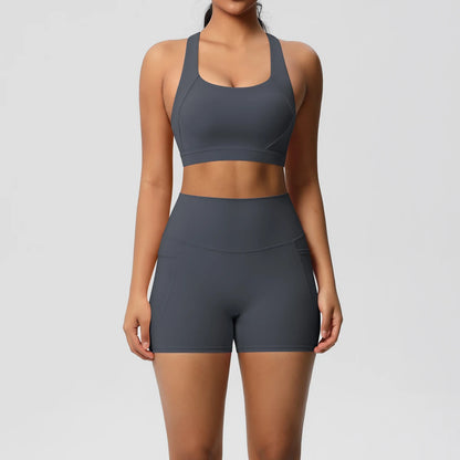 2PCS Sets Sportswear With Pocketed Yoga Suits For Women  Sports Shorts Crossover Bra Gym Leggings