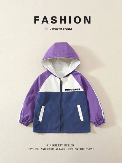 Unisex Kids' Color-Block Hooded Jackets, Cute Dinosaur Print, Spring/Autumn, Lightweight, Ages 3-10 Years
