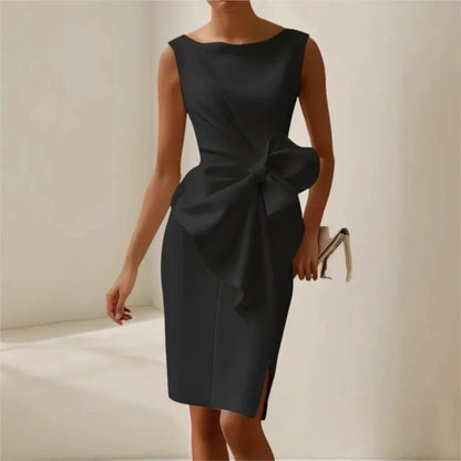 Elegant Evening Party Dresses For Women  Sleeless Slim Waist Big Bow Lace-up Hem Slit White Dress Robe Femme
