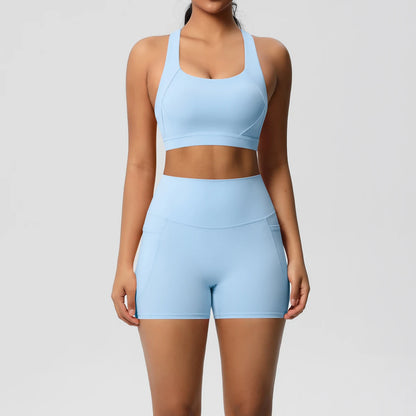 2PCS Sets Sportswear With Pocketed Yoga Suits For Women  Sports Shorts Crossover Bra Gym Leggings