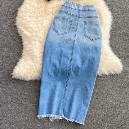 Women Denim 2 Piece Sets Long Skirt Top Suit Skirts Tops Single Breasted Outfits Washed Distressed Summer Casual Ensemble
