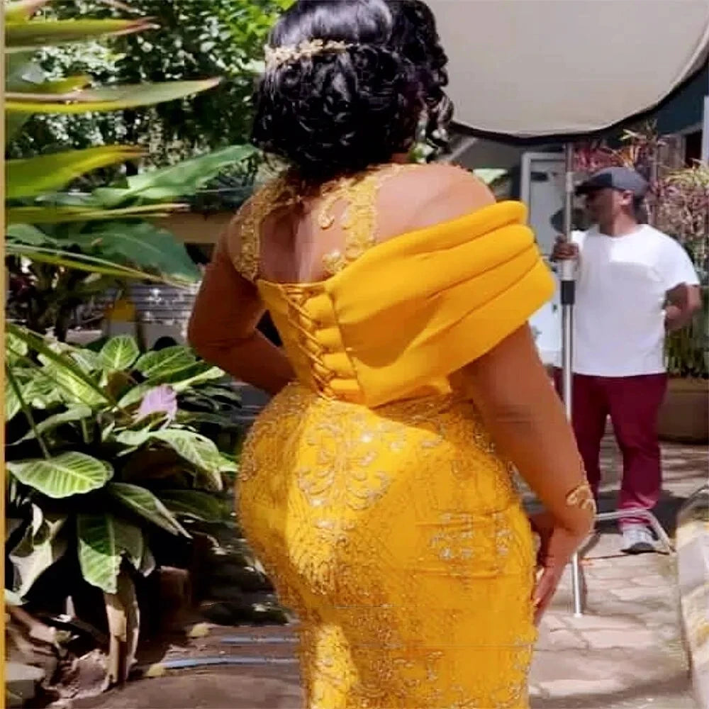 Gold African Aso Ebi Evening Dresses Mermaid Long Sleeves Lace Beaded Formal Party Gown Prom Dresses For Black Girls Customized