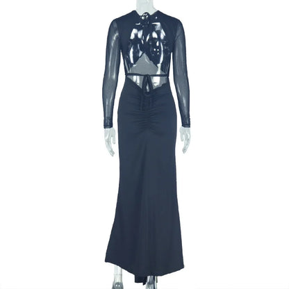 Sexy See Through Mesh Sheer Full Sleeve Long Dresses For Club Party Ruched Backless Dress for Women