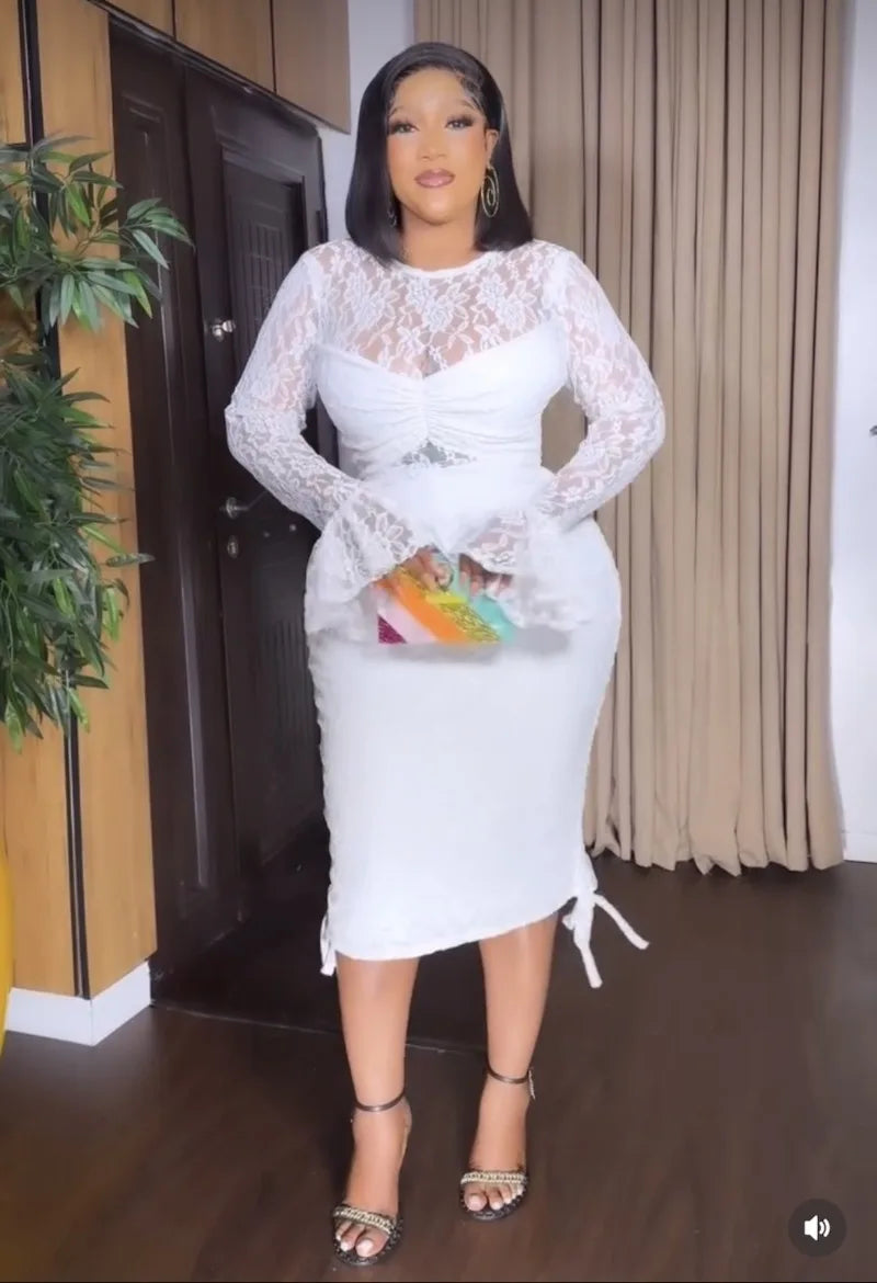 See Through Lace Patchwork Drawstring Bodycon Dress Women Elegant Sexy O Neck Flare Long Sleeve Ruched Slim Birthday Party Robes