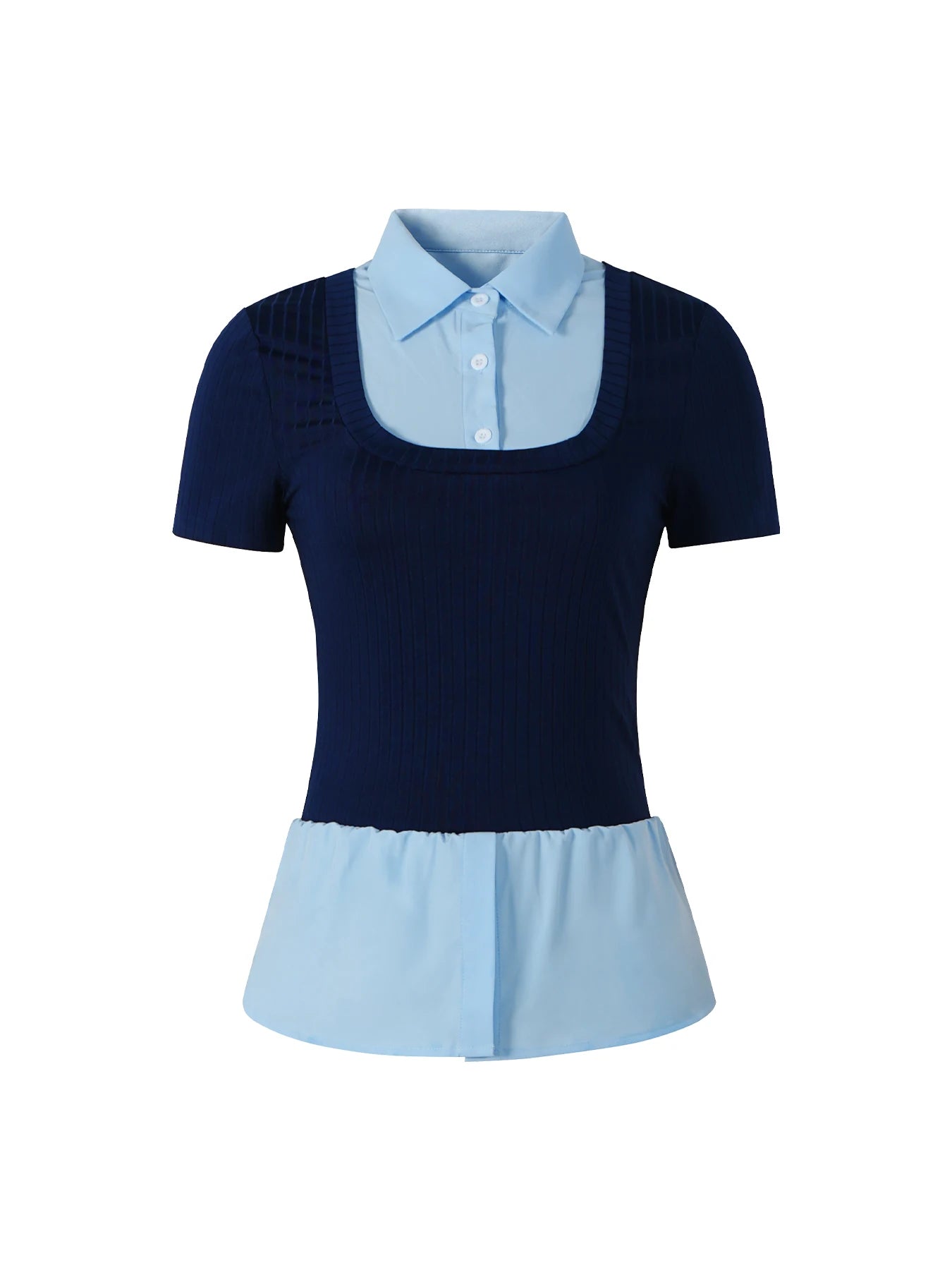Women's T-shirt Spring Summer Navy Blue Light Blue Contrast Ruffle Hem Valentine's Day Elegant Casual Daily Office Top