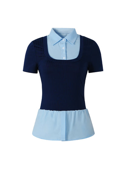 Women's T-shirt Spring Summer Navy Blue Light Blue Contrast Ruffle Hem Valentine's Day Elegant Casual Daily Office Top