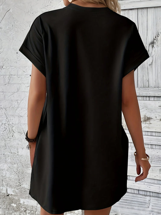 Women summer letter pattern print round neck short sleeved With pocket comfortable casual dress