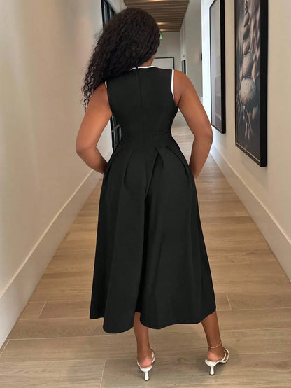 Black Solid A-Line Dress with White Trim U-Neck, Sleeveless Midi for Office or Casual