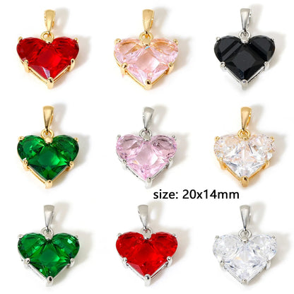 1pc New Mini Brass Charms Gold Color Valentine's Day Heart Multicolour Cubic Zirconia Pendant DIY Necklace Jewelry 20mm x 14mm