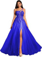 Customized Beaded Tulle Prom Dresses 2025 with Pockets Spaghetti Strap Formal Evening Dresses with Slit