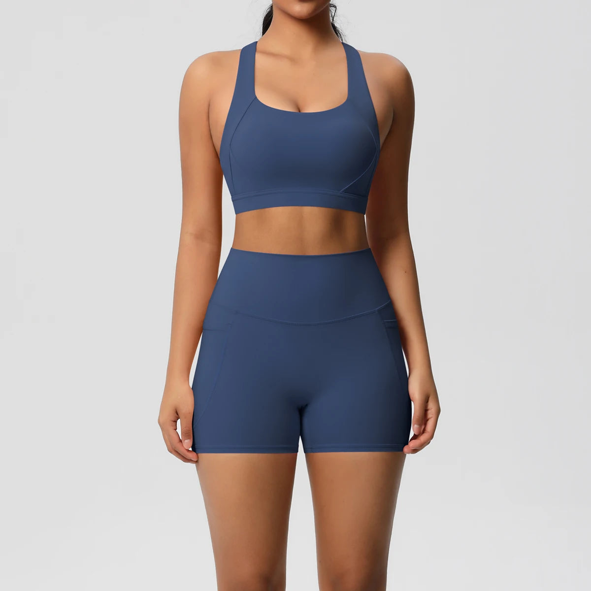 2PCS Sets Sportswear With Pocketed Yoga Suits For Women  Sports Shorts Crossover Bra Gym Leggings