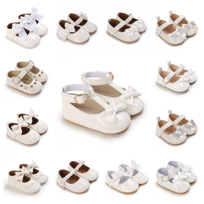 Newborn Princess Shoes Soft Leather Anti Slip Rubber Sole Baby Shoes White Girls Shoes