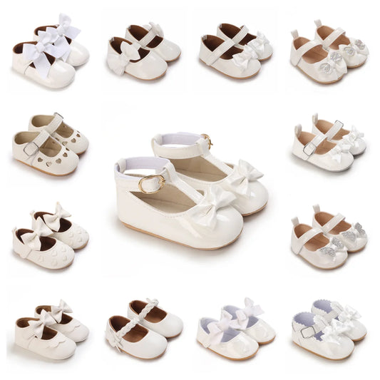 Newborn Princess Shoes Soft Leather Anti Slip Rubber Sole Baby Shoes White Girls Shoes