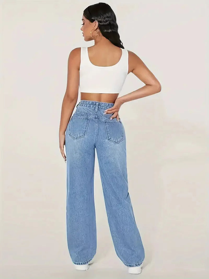 Ripped High-waisted Wide-leg Jeans. Fashionable and Versatile Casual Floor-length Jeans for Women