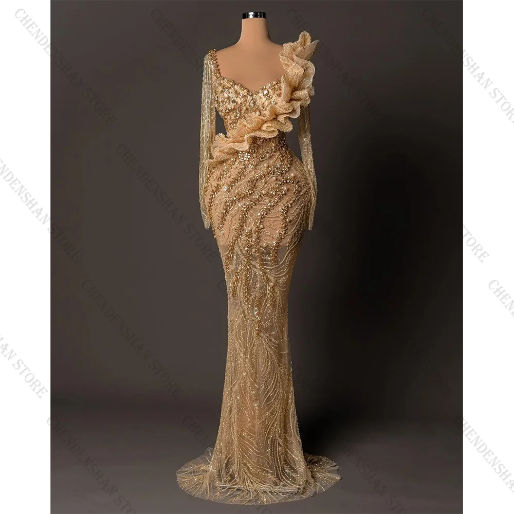 Luxury Gold Crystal Evening Dresses Pearls Square Neck Sequins Customized Party Gowns Vestidos De Noche