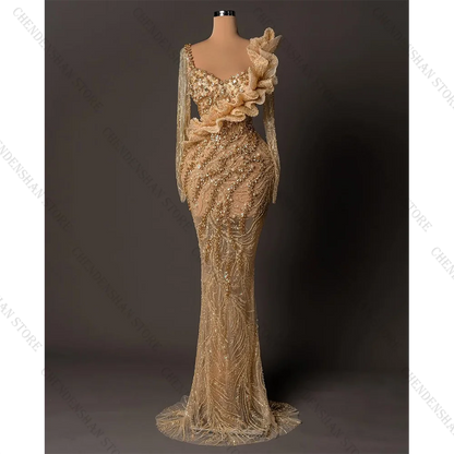 Luxury Gold Crystal Evening Dresses Pearls Square Neck Sequins Customized Party Gowns Vestidos De Noche