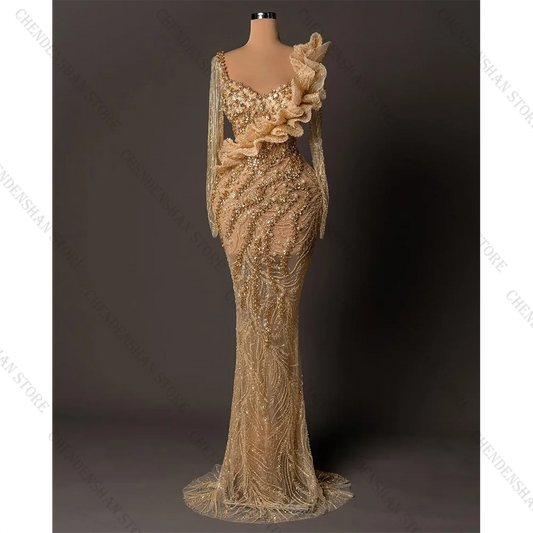Luxury Gold Crystal Evening Dresses Pearls Square Neck Sequins Customized Party Gowns Vestidos De Noche