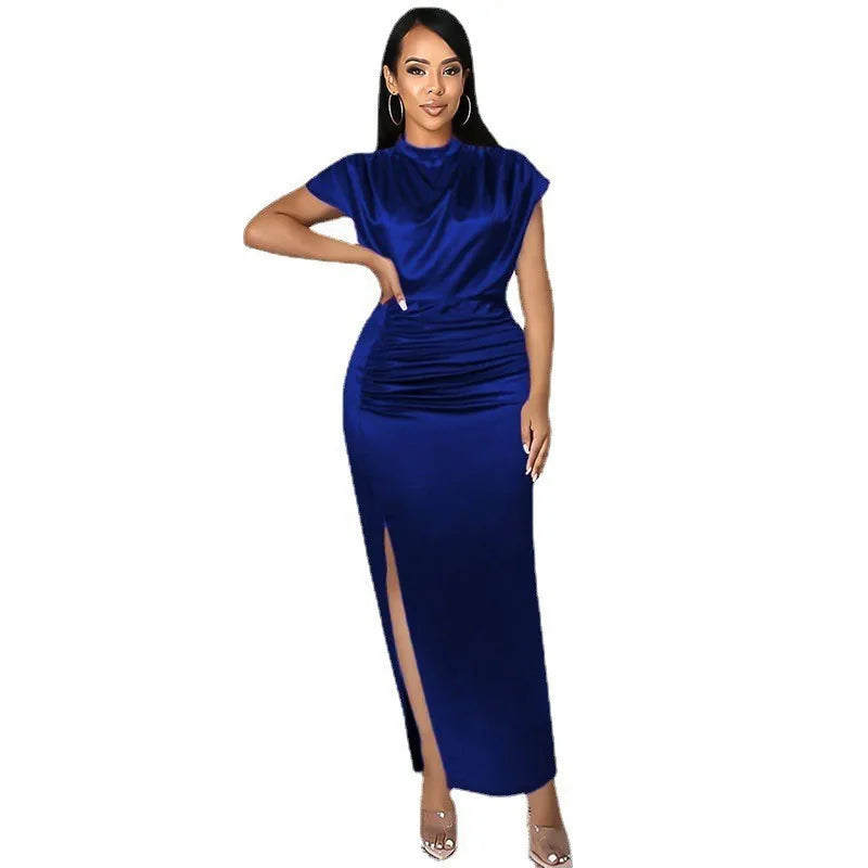 Women Colored Satin Zipper Split High Grade Dress Long Floor Length Dress