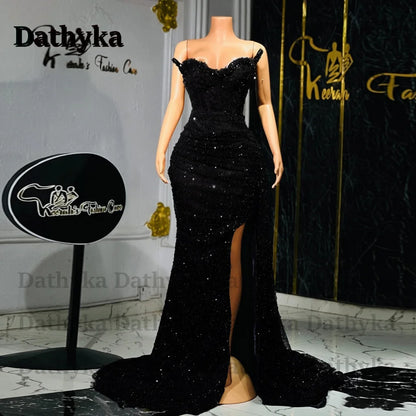 Dathyka Fashionable Crystals Prom Dresses for Women Sequin Mermaid Slit Pleat Strapless Evening Gown Vestidos De Gala Customized