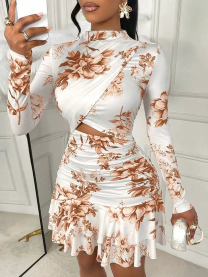 White Gold Floral Print Long Sleeve Cut-Out Mini Dress with Ruched Waist