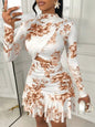 White Gold Floral Print Long Sleeve Cut-Out Mini Dress with Ruched Waist