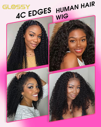 Afro Kinky Curly Wig 100% Human Hair wig Brazilian 13x4 HD Frontal 4c Edges Frontal Human Hair Wig Deep Wave Curly Lace Front Wigs For Women Pre Plucked Baby Hair 250% Density