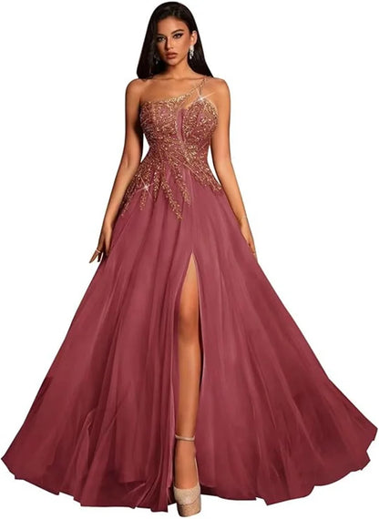 Customized Beaded Tulle Prom Dresses 2025 with Pockets Spaghetti Strap Formal Evening Dresses with Slit