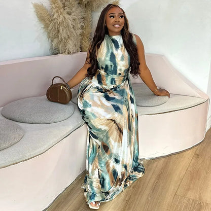 Women Sexy O-neck Sleeveless Dress Fashion Sundress Print Long Dresses Casual Street Party Maxi Dress Femme Vestidos