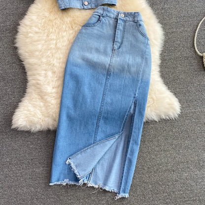 Women Denim 2 Piece Sets Long Skirt Top Suit Skirts Tops Single Breasted Outfits Washed Distressed Summer Casual Ensemble