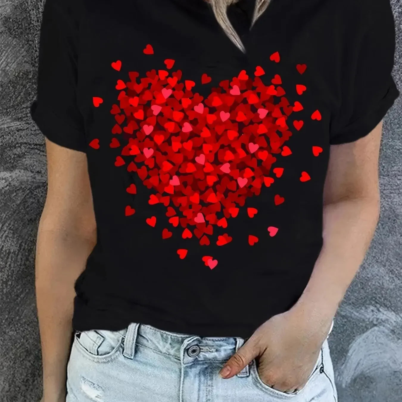 Valentine's Day Heart Print T-Shirt for Women, Casual Crew Neck Short Sleeve Tee, Everyday Wear Women's Top