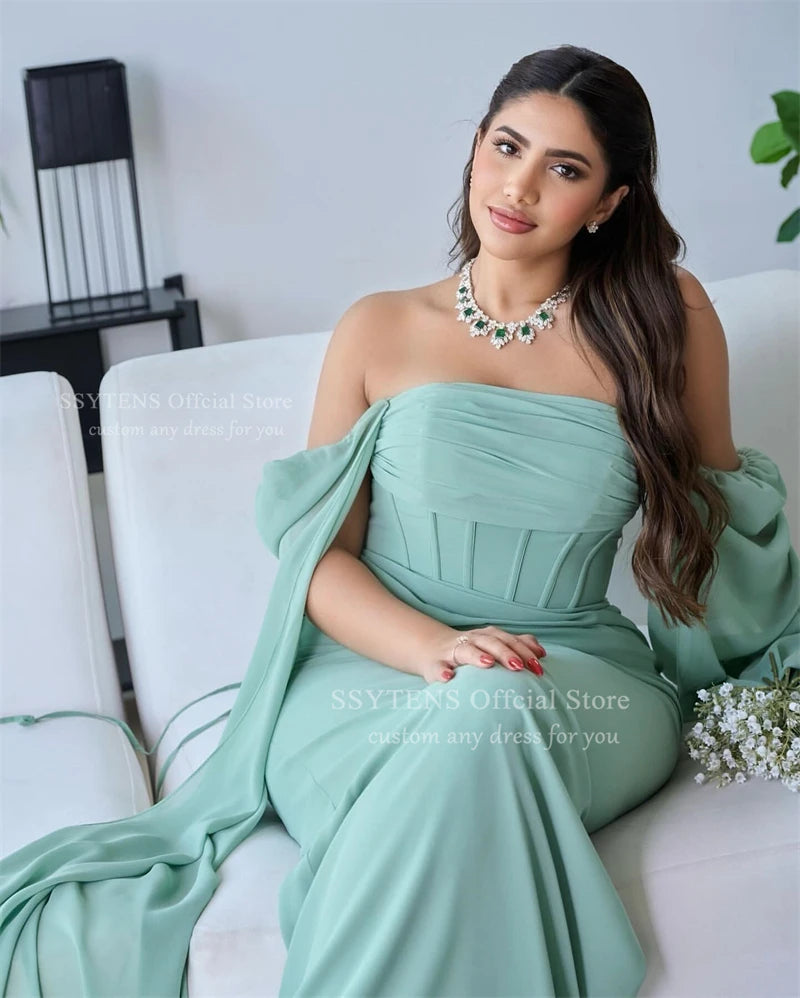 SSYTENS Green Chiffon Evening Dresses Mermaid Formal Occasion Dresses Cape Sleeves Off Shoulder Women Prom Party Gown Customized
