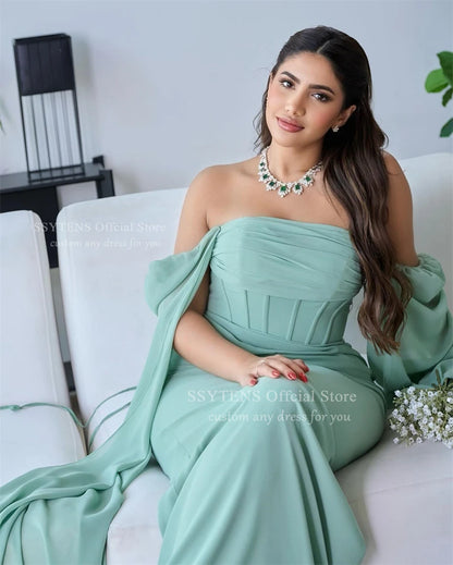 SSYTENS Green Chiffon Evening Dresses Mermaid Formal Occasion Dresses Cape Sleeves Off Shoulder Women Prom Party Gown Customized