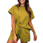 Women's Cotton Set Casual Loose Solid Color Two piece Set Round Neck Short sleeved Top and Shorts Two piece Set S-2XL