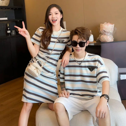 Dad MomClothes Mother Daughter Equal Dresses Father and Son Clothing Korean Children Outfits Top and Baby Matching Striped