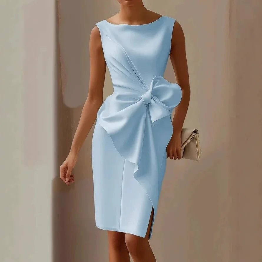Elegant Evening Party Dresses For Women  Sleeless Slim Waist Big Bow Lace-up Hem Slit White Dress Robe Femme