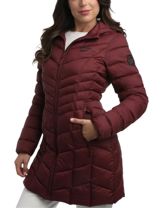 Reebok Womens Winter Jacket - Long Length Quilted Puffer Parka - Heavyweight Outerwear Coat for Women (S-XL) Size Large Maroon
