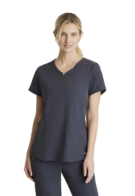 BARCO Skechers Vitality Aura Scrub Top for Women - Curved V-Neck Medical Top 3 Pockets 4-Way Stretch Womens Scrub Top Pewter X-Large