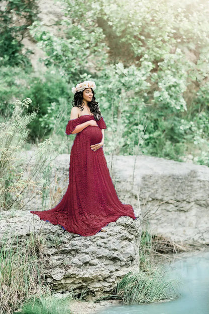 Lace Maternity Maxi Dress with Flutter Sleeves