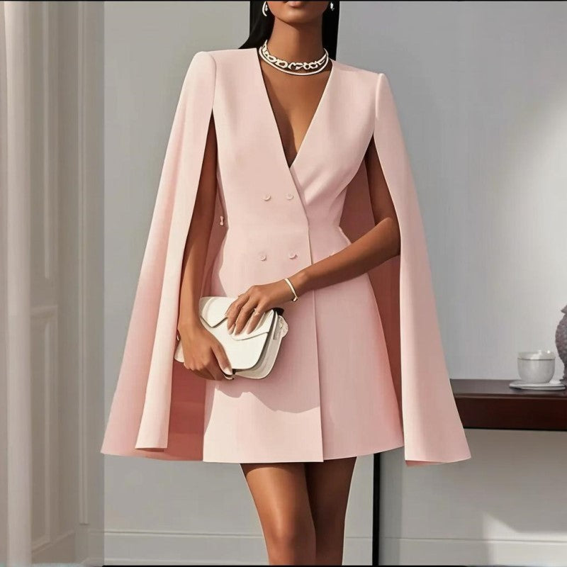 Women's Elegant Solid Color V Neck Double-Breasted Cape Blazer Dress Spring & Summer Party Outfit