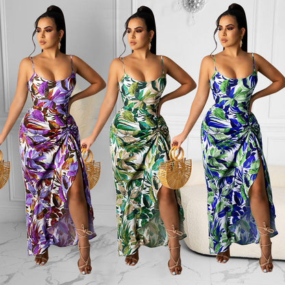 Sexy Sling Dress Irregular Printed Long Skirt