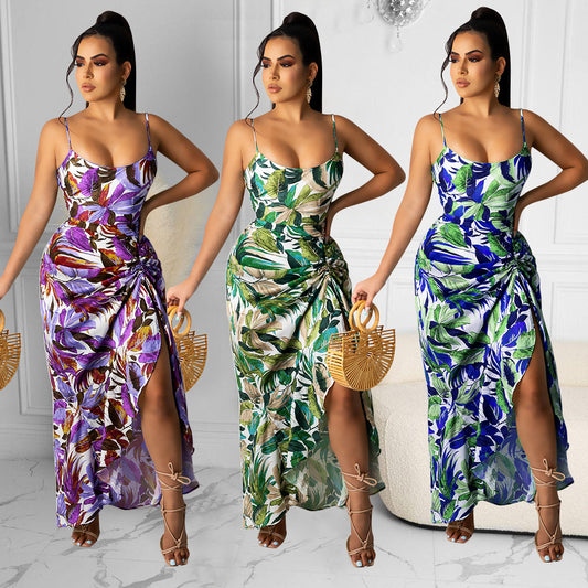 Sexy Sling Dress Irregular Printed Long Skirt