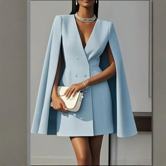 Women's Elegant Solid Color V Neck Double-Breasted Cape Blazer Dress Spring & Summer Party Outfit