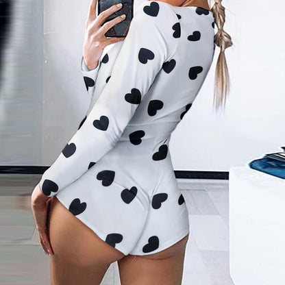 Printed Long-sleeved Pajamas Deep V Nightclub Tight Sexy Jumpsuit