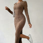 Women's Crew Neck Long Sleeve Ribbed Dress Side Slit Knit Bodycon Midi Dress