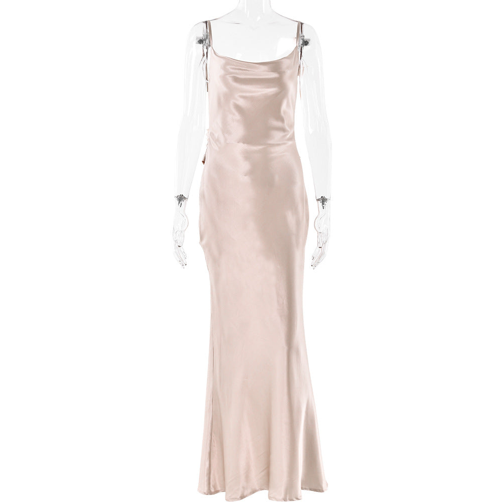 Women's Backless Flower Satin Dress