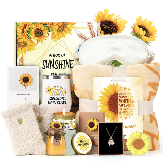 Sending Sunshine Gift Sunflower Gifts for Women Birthday Gifts Box Care Package Get Well Soon Gifts Basket Thinking of You Gift for Women Friend Sister Mom with Inspirational Blanket