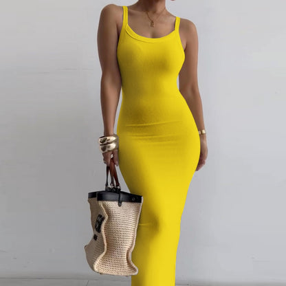 Women's White Suspender Slim Fit Skinny Long Dress