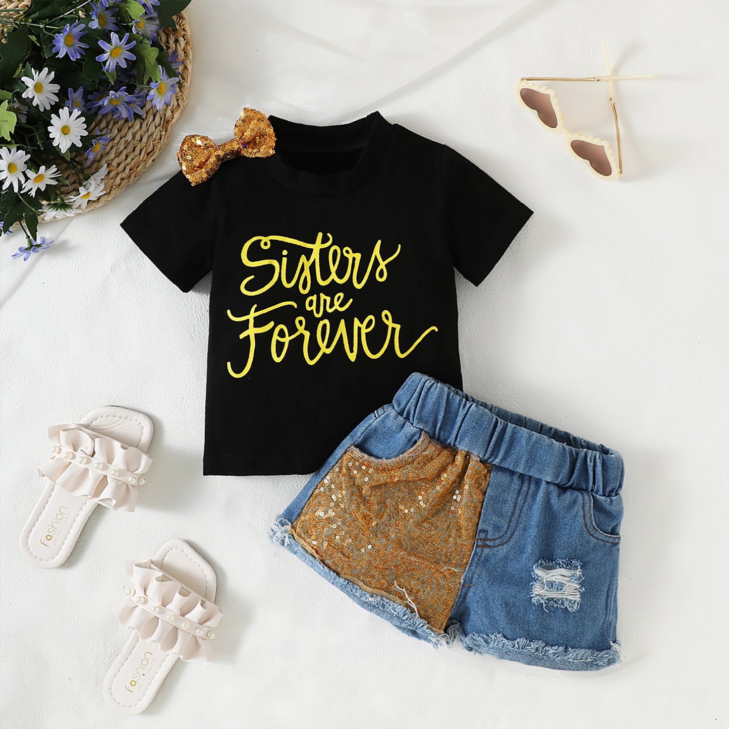Girls Bow Short Sleeve Letter Jacket Phnom Penh Sequins Ripped Denim Shorts Suit